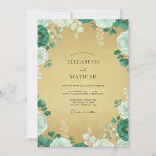 Gold Mint Blossom Wedding Invitation