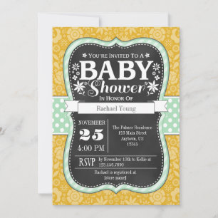 Gold Mint Chalkboard Floral Baby Shower Invite