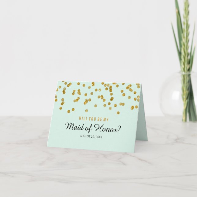 Gold Mint Confetti Will You Be My Maid of Honour Invitation (Front)