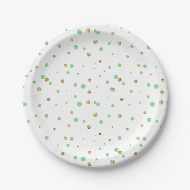 Gold Mint Faux Glitter Confetti Dots Paper Plate (Front)