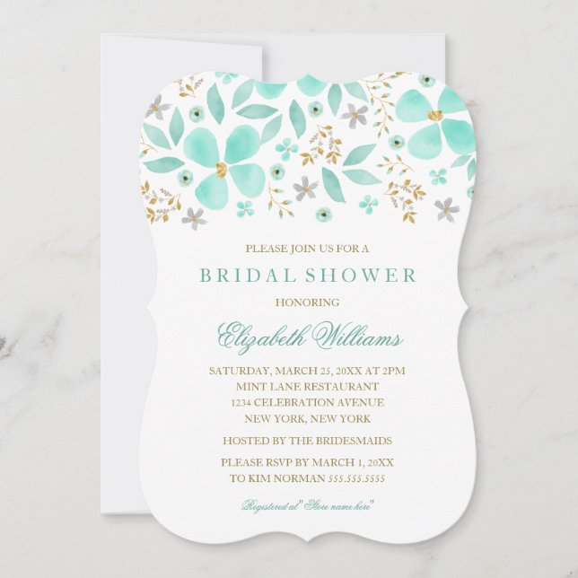 Gold Mint Floral Leaf Bridal Shower Invitation (Front)