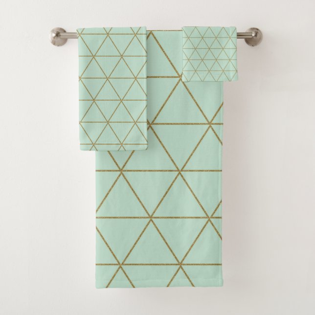Gold Mint Geometric Triangles Boho Glam Minimal Bath Towel Set (Insitu)
