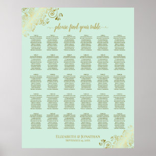 Gold & Mint Green 30 Table Wedding Seating Chart