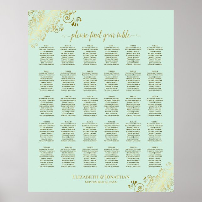 Gold & Mint Green 30 Table Wedding Seating Chart (Front)