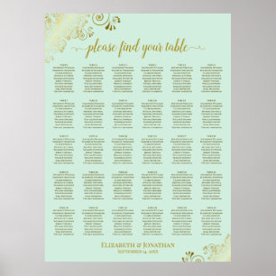 Gold & Mint Green 30 Table Wedding Seating Chart