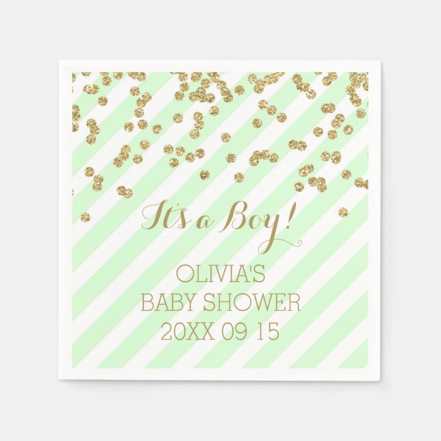 Gold Mint Green Confetti Stripes Baby Shower Napkin (Front)