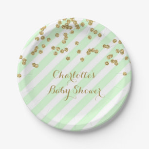Gold Mint Green Confetti Stripes Baby Shower Plate