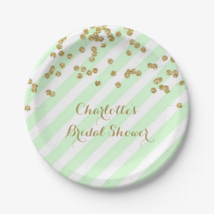 Gold Mint Green Confetti Stripes Bridal Shower Paper Plate