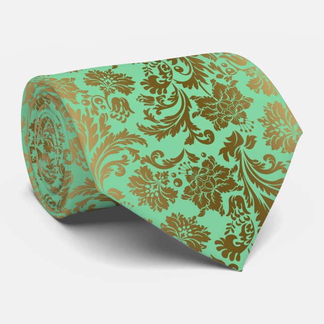 Gold & Mint-Green Damasks Tie (Rolled)
