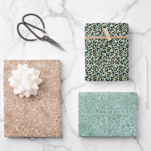 Gold Mint Green Glam Leopard Print Wrapping Paper Sheet