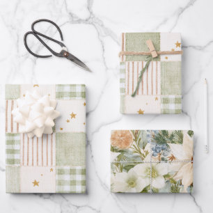 Gold Mint Green Stars Stripes Patches Christmas Wrapping Paper Sheet