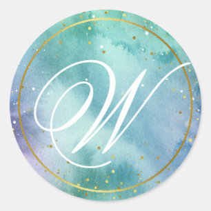 Gold Mint Green Watercolor Elegant Script Monogram Classic Round Sticker