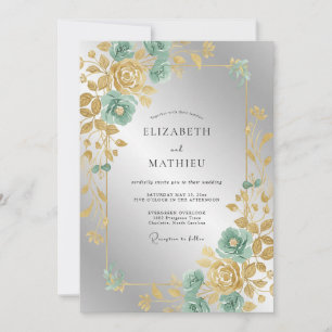 Gold Mint Leafy Wedding Invitation
