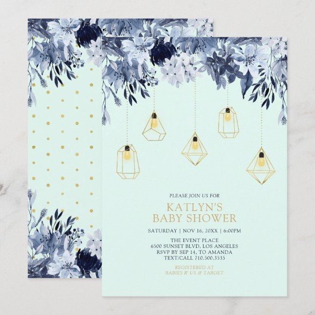 Gold & Mint | Lights Boho chic Baby Shower Invitation (Front/Back)