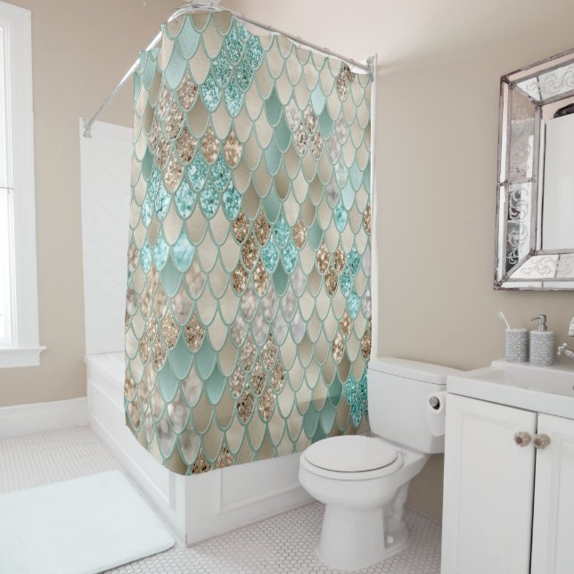 Gold Mint Mermaid Scales Glam #1 (Faux Glitter)  Shower Curtain (In Situ)