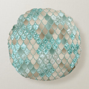 Gold Mint Mermaid Scales Glam #2 (Faux Glitter) Round Cushion