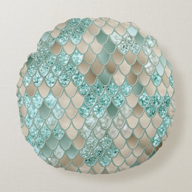 Gold Mint Mermaid Scales Glam #2 (Faux Glitter) Round Cushion (Front)