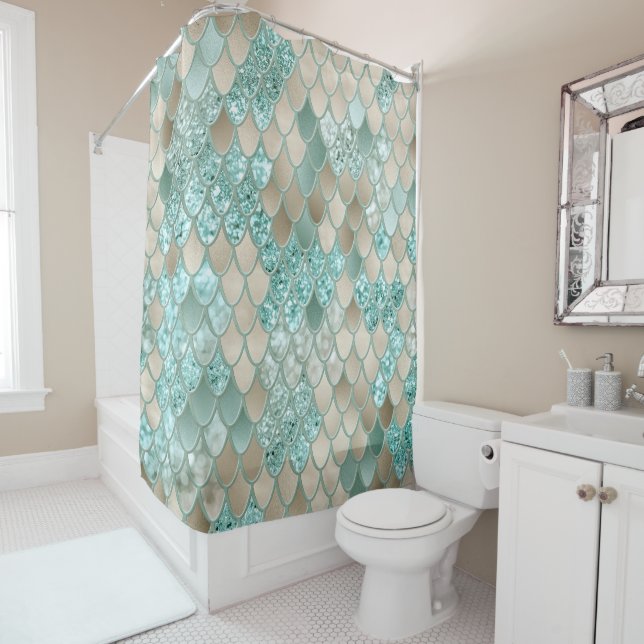 Gold Mint Mermaid Scales Glam #2 (Faux Glitter)  Shower Curtain (In Situ)