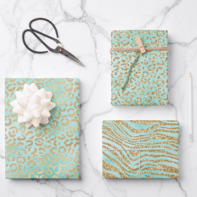 Gold Mint White Ombre Zebra Leopard      Wrapping Paper Sheet (Front)