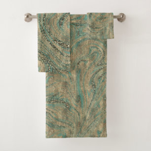 Gold & Minty Turquoise Glitter Swirl Sparkle  Bath Towel Set