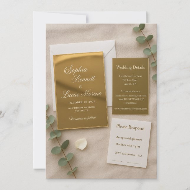 Gold Mirror Acrylic Wedding Invitation Set | Elega (Front)