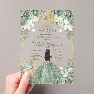 Gold Mis Quince Dusty Green Floral Quinceañera Acrylic Invitations