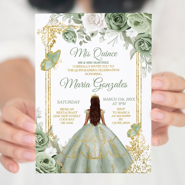 Gold Mis Quince Sage Green Floral Quinceañera Invitation (Creator Uploaded)