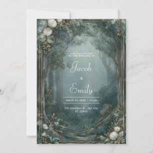 Gold Misted Forest White Chrysanthemum Wedding Invitation