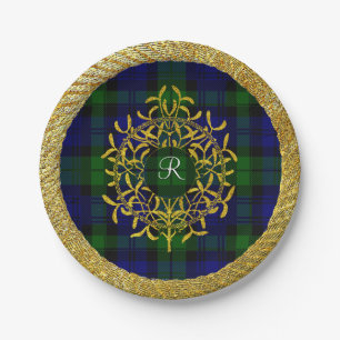 Gold Mistletoe Blackwatch Plaid Monogram Paper Plate