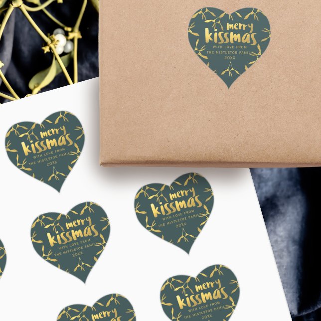 Gold Mistletoe Merry Kissmas  Christmas Holiday Heart Sticker (Add your family name and date to these green and faux gold foil Merry Kissmas stickers)