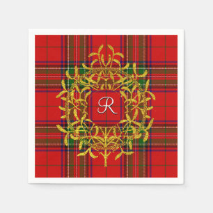 Gold Mistletoe Stewart Plaid Monogram Napkin