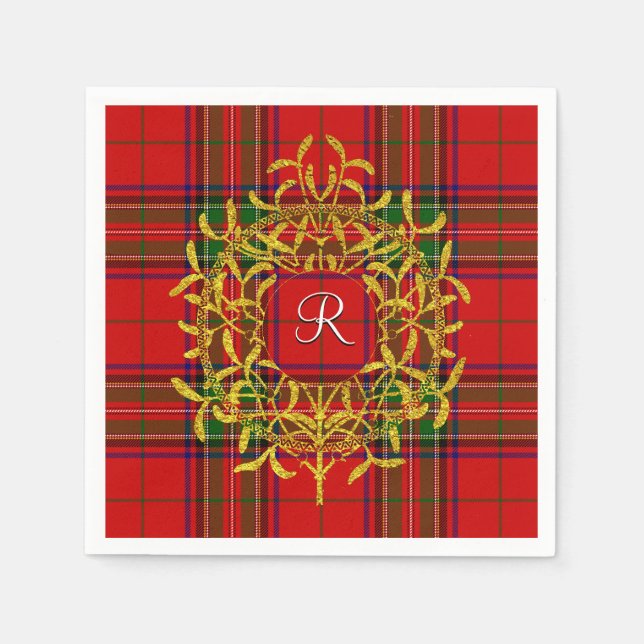 Gold Mistletoe Stewart Plaid Monogram Napkin (Front)