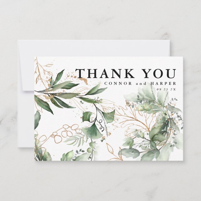 Gold Modern Big Eucalyptus Bold Greenery Non Photo Thank You Card (Front)