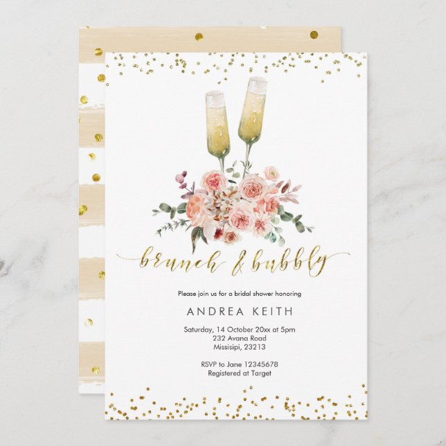 Gold Modern Brunch and Bubbly Bridal Shower Invitation (Front/Back)