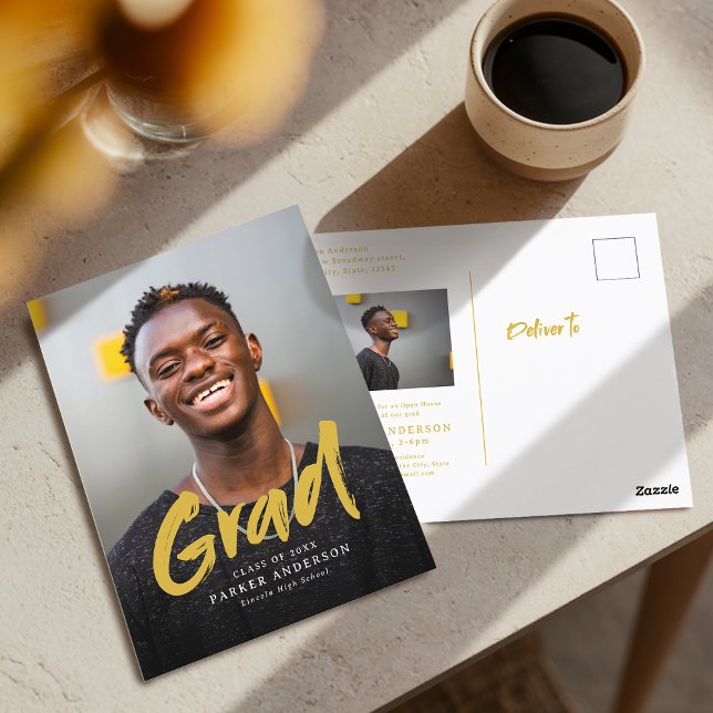 Gold Modern Brush Script Photo Graduation  Postcard (Gold Modern Brush Script Photo Graduation Postcard)