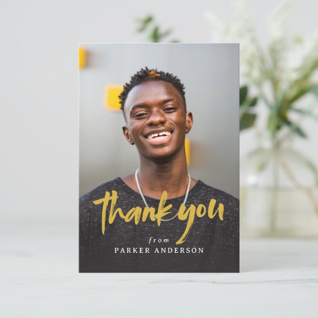 Gold Modern Brush Script Simple Photo Graduation  Thank You Card (Standing Front)