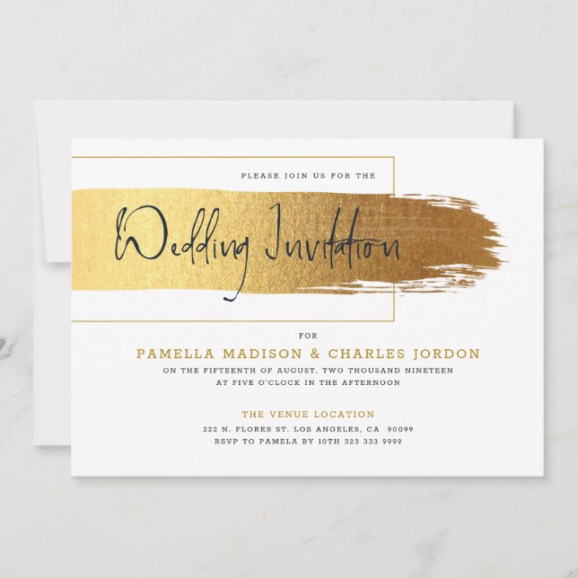 Gold modern brushstroke black typography invitation (Front)