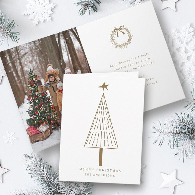 Gold Modern Christmas Pine Tree Photo  Holiday Card (Front & Inside)