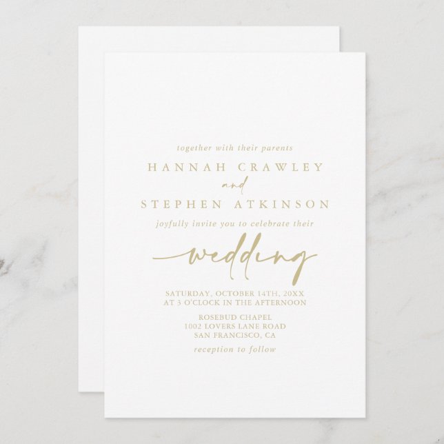 Gold Modern Elegant Front & Back Wedding   Invitation (Front/Back)