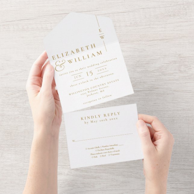 Gold Modern Elegant Monogram Wedding All In One Invitation (Tearaway)
