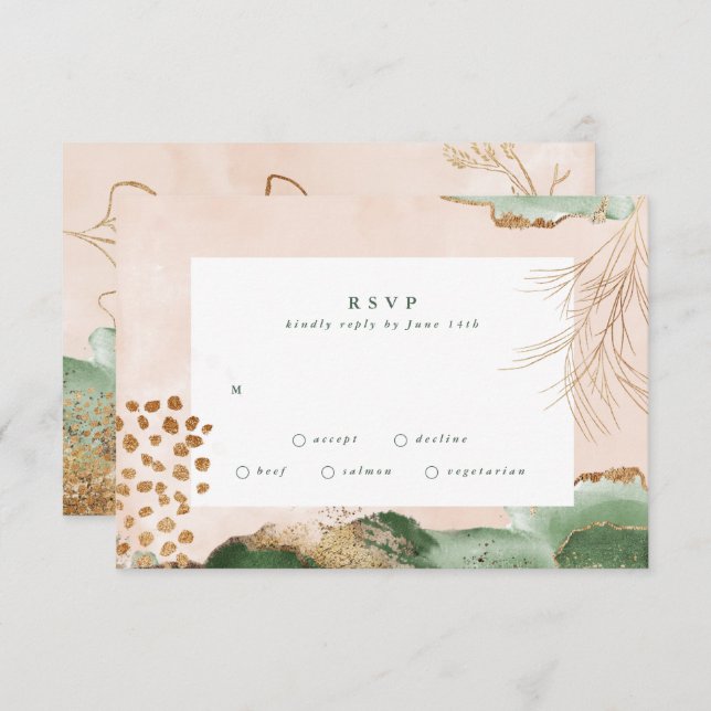 Gold Modern Eucalyptus Abstract Greenery Moss RSVP Card (Front/Back)