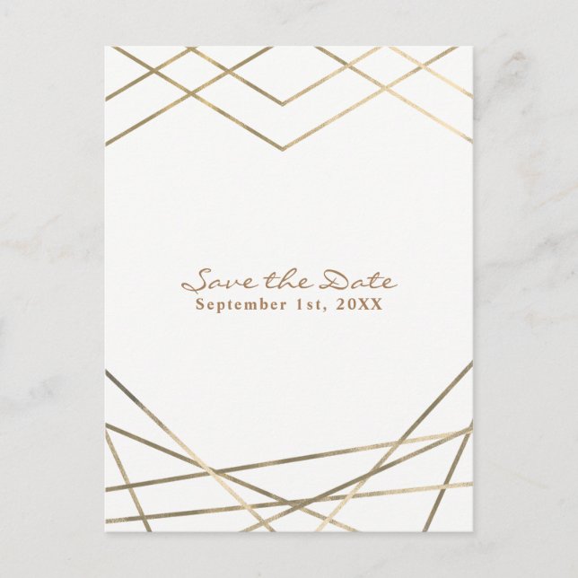 Gold Modern Geometric Lines Chic Save the Date Announcement Postcard (Front)