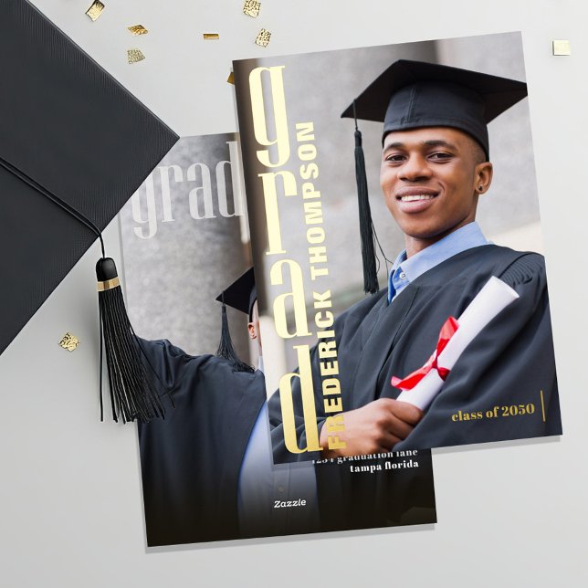 Gold Modern Graduation Photo Template (Real gold foil graduation photo invitation announcement. )