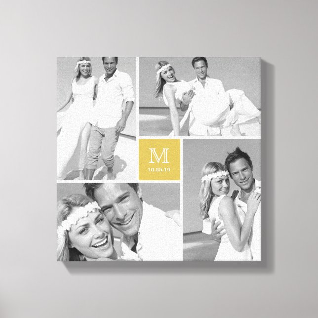 Gold Modern Grid Monogram Wedding 4 Photo Collage Canvas Print (Front)