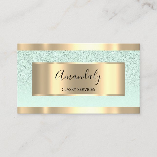 Gold  Modern Hairdresser Mint Green  Glitter OMBRÉ Business Card (Front)