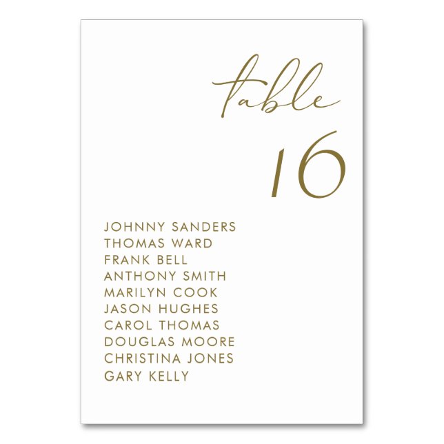 Gold Modern Handwritten Script Wedding Table Number (Front)