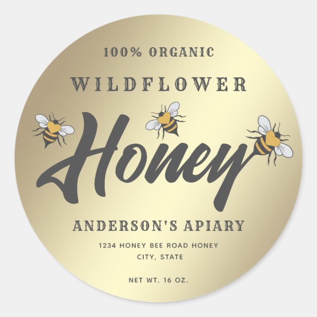 Gold Modern heart honey bee honey jar  Classic Round Sticker (Front)