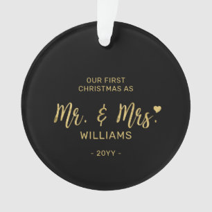 Gold Modern lettering Mr & Mrs First Christmas Ornament