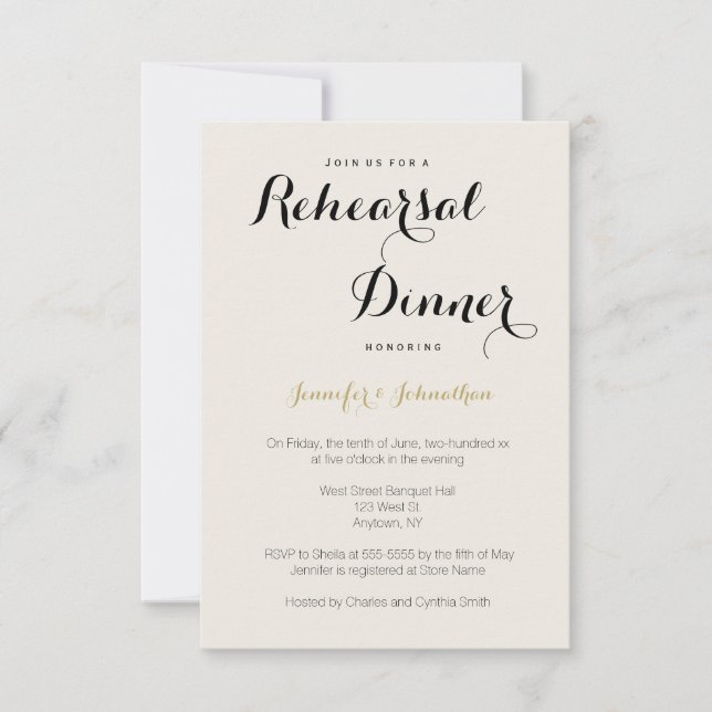 Gold modern lettering rehearsal dinner invitations (Front)