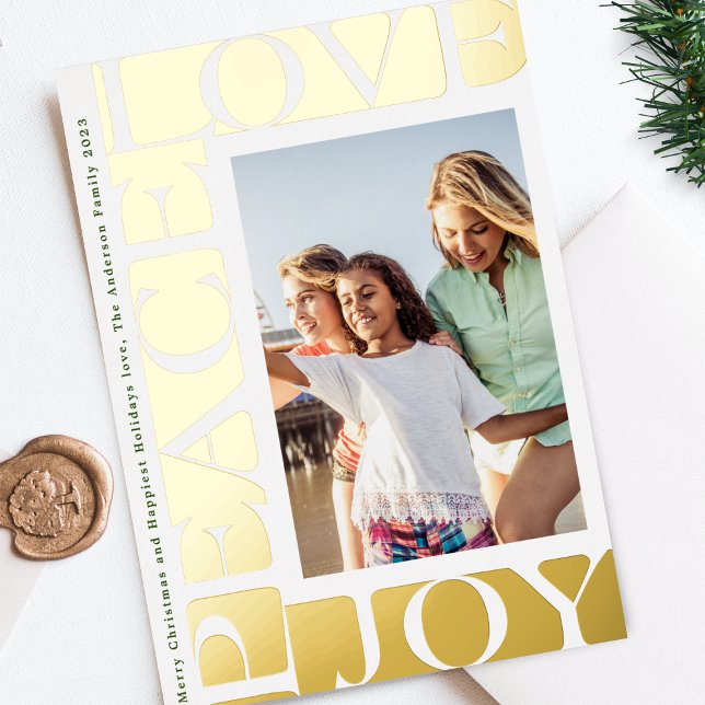 gold modern LOVE PEACE JOY  one photo frame Foil Holiday Card (Creator Uploaded)